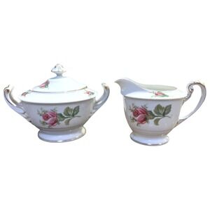 Vtg 50s Kyoto Japan Roseverte Fine China Creamer & Sugar Set Pink Roses Gold
